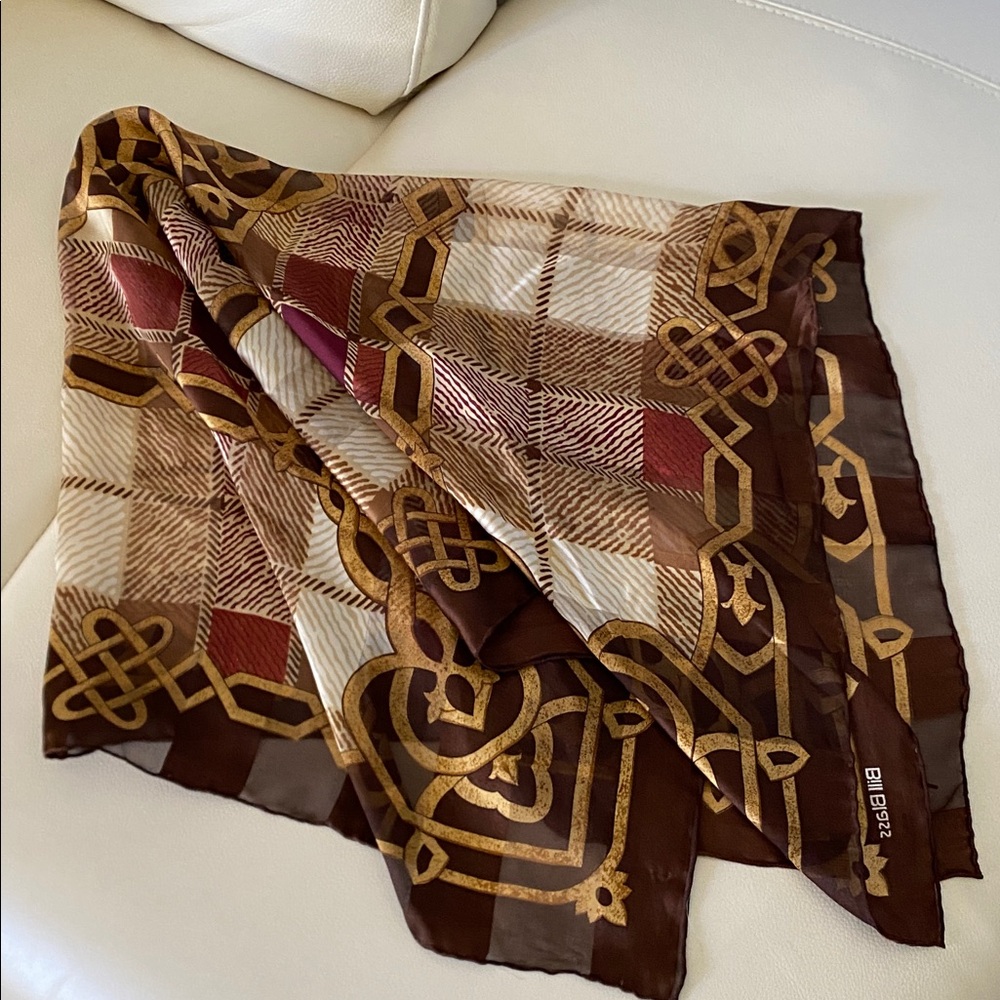 Bill Blass Elegant Brown and Gold Vintage Silk Scarf